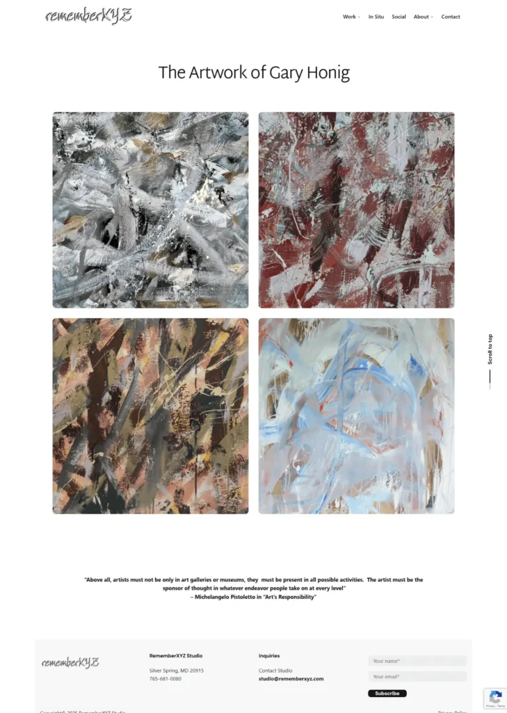 Artwork by Gary Honig displayed in a grid layout, featuring abstract paintings in varied colors and textures, emphasizing visual storytelling and artistic expression on the RememberXYZ Studio website.