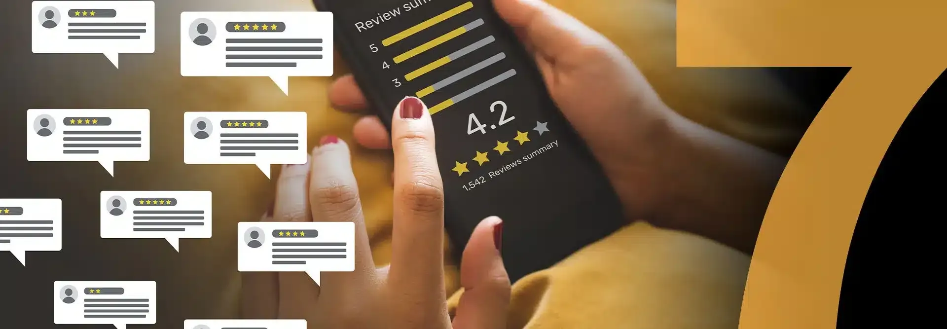 Person holding smartphone displaying review summary with star ratings and feedback bubbles, representing review and reputation management for businesses.