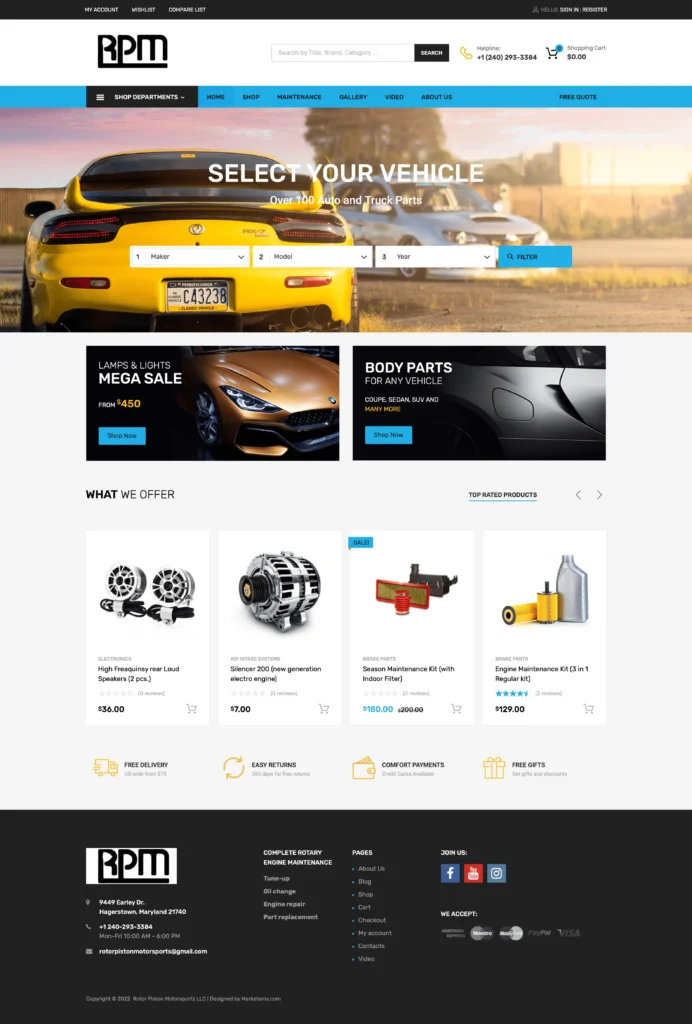 Yellow sports car with visible license plate and multiple vehicles in the background, showcasing the RPM website's vehicle selection feature for auto and truck parts.