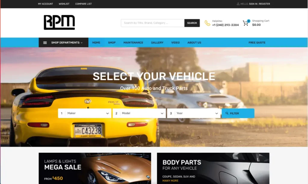 RPM website interface showcasing vehicle selection options for auto and truck parts, featuring a yellow sports car and a blue car in the background, emphasizing user-friendly navigation and search functionality.