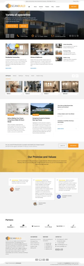 Scanbuild website showcasing luxury home remodeling services, featuring kitchen and bathroom renovations, elegant design, and intuitive navigation.