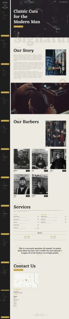 Signature Cuts and Shaves website layout showcasing modern barbering services, elegant visuals, and user-friendly navigation for premium grooming in Washington, D.C.