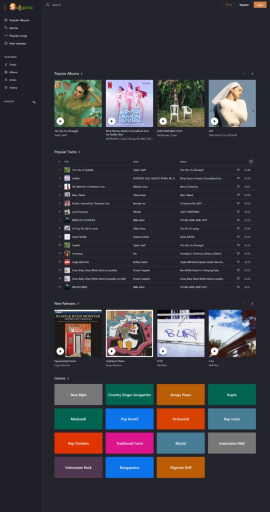 Music streaming platform Songania interface showcasing popular albums, tracks, and genres with a modern, user-friendly design for music discovery and navigation.