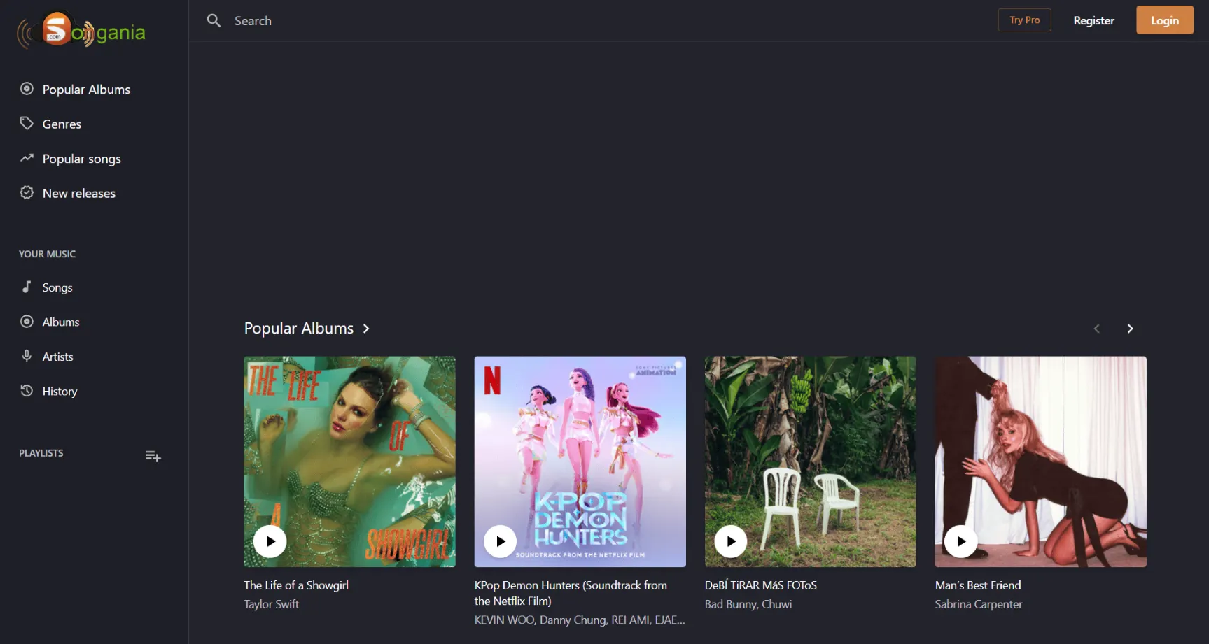 User-friendly music streaming platform interface showcasing popular albums and genres, including "The Life of a Showgirl" by Taylor Swift and "KPop Demon Hunters" soundtrack, emphasizing smooth navigation and engaging design.