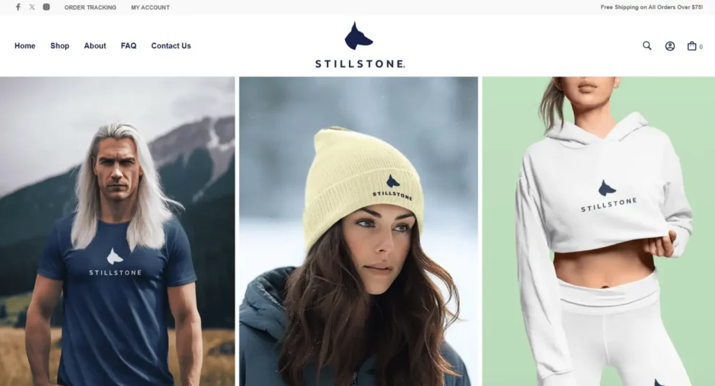 StillStone fashion e-commerce website showcasing models wearing branded clothing, including a blue t-shirt, yellow beanie, and white cropped hoodie, against a clean, modern backdrop.