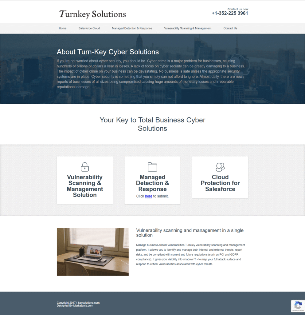 Turnkey Solutions website showcasing cybersecurity services, including managed detection and response, vulnerability scanning, and Salesforce cloud protection, with a clean and responsive design.