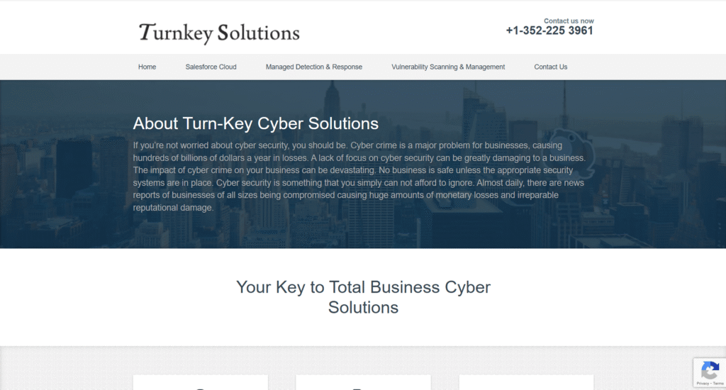 T-Key Solutions website showcasing cybersecurity services, including managed detection and response, vulnerability scanning, and Salesforce cloud protection, with a professional design and clear navigation for user engagement.