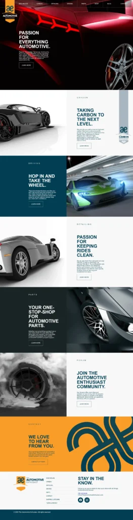 Automotive Enthusiast website homepage showcasing high-end carbon fiber parts, vehicle detailing, and community engagement, featuring sleek car images and a modern design.