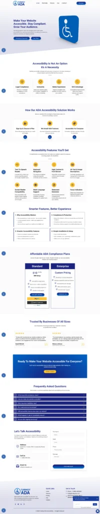 Turnkey ADA accessibility website layout showcasing features, pricing plans, and user-friendly design for achieving full ADA compliance.