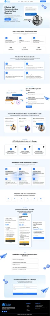 Turnkey AI Tools website showcasing AI-powered communication platform features including 24/7 chat, SMS, and voice support, modern design, and intuitive navigation for enhanced customer engagement.