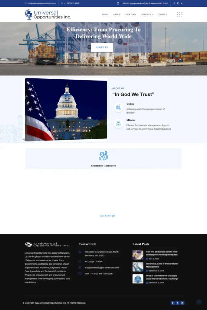 Universal Opportunities Inc. website showcasing global procurement management services, featuring a responsive layout, clear navigation, and elements highlighting expertise in procurement and IT procurement.