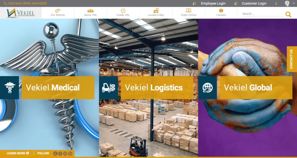 Vekiel Logistics website homepage featuring sections for Vekiel Medical, Vekiel Logistics, and Vekiel Global, showcasing a medical caduceus symbol, a warehouse filled with stacked boxes, and a handshake graphic, emphasizing logistics and medical resource management services.