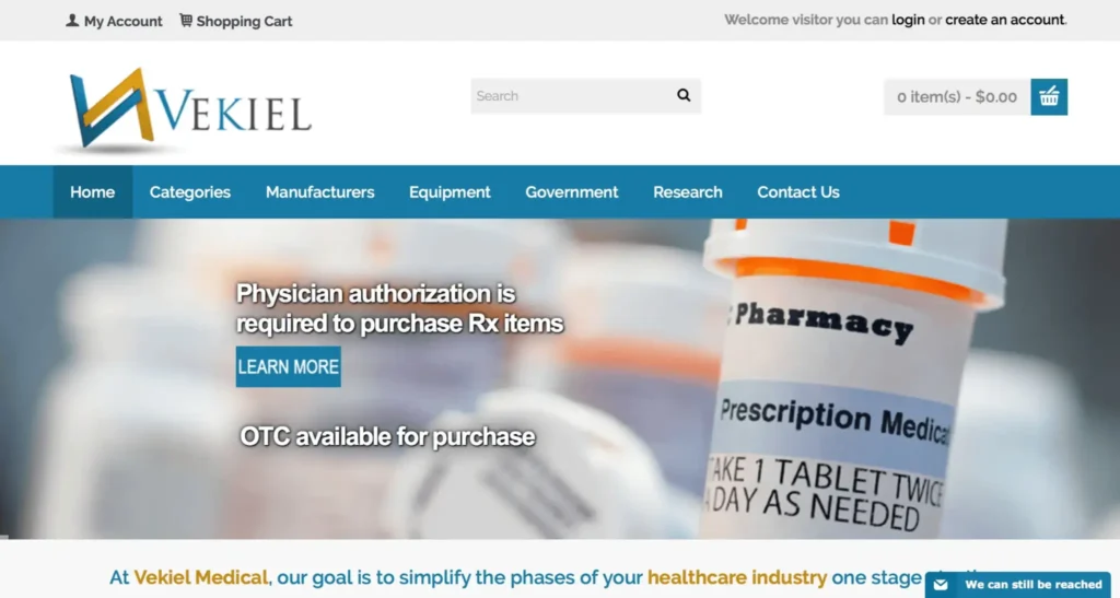 Vekiel Logistics website homepage featuring prescription medication bottles and a call-to-action for physician authorization, emphasizing services in medical resource management.
