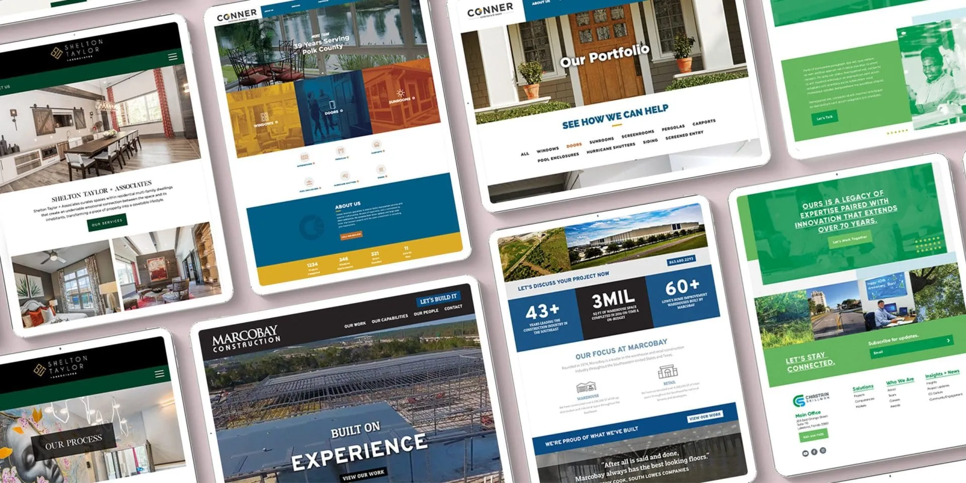 Collage of modern website designs showcasing responsive layouts and engaging visuals for professional website redesign services by Marketania, enhancing user experience and brand alignment.