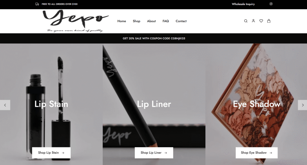 E-commerce website showcasing Yepo beauty products including lip stain, lip liner, and eye shadow with promotional sale details.