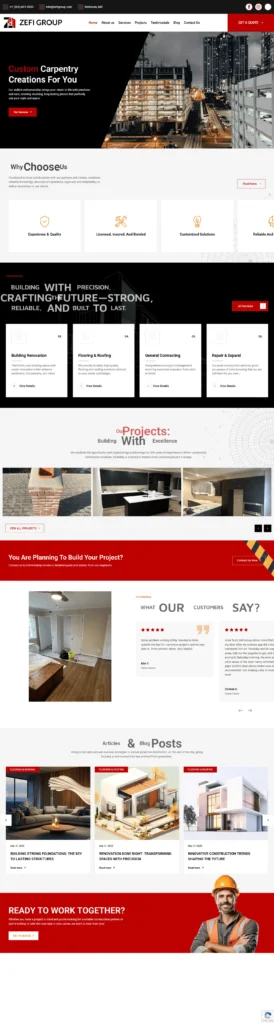 Zefi Group website showcasing construction and renovation services, featuring custom carpentry, architecture design, and project highlights.