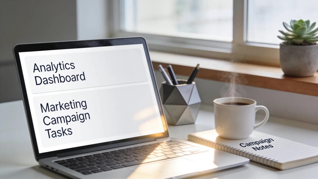 Organized workspace with a laptop showcasing marketing automation tools for better campaign management