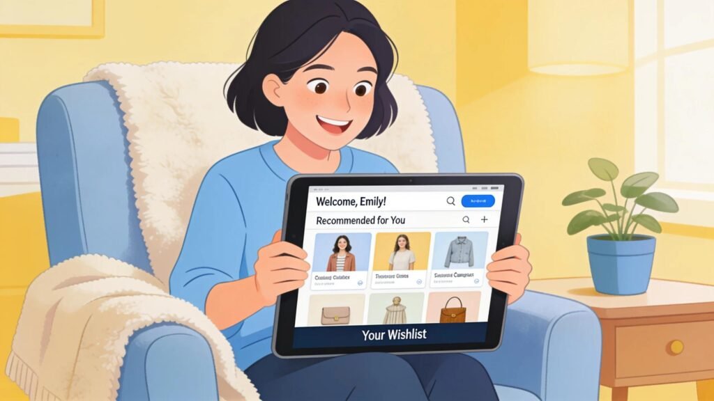 Customer interacting with a tailored e-commerce website on a tablet in a cozy environment
