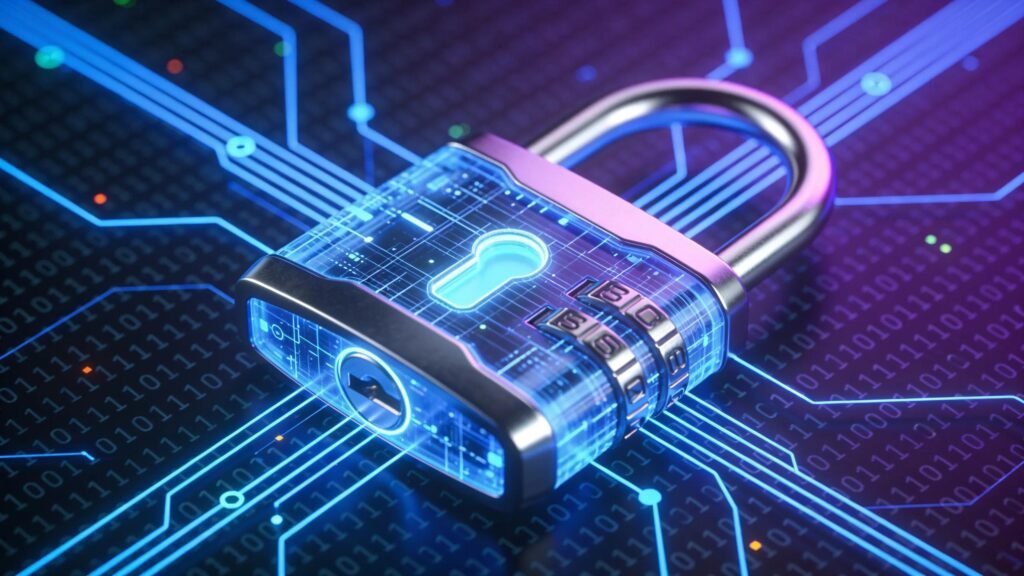 Close-up of a digital padlock over a binary code background representing data encryption and security