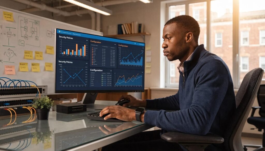IT professional configuring firewall settings to enhance network security
