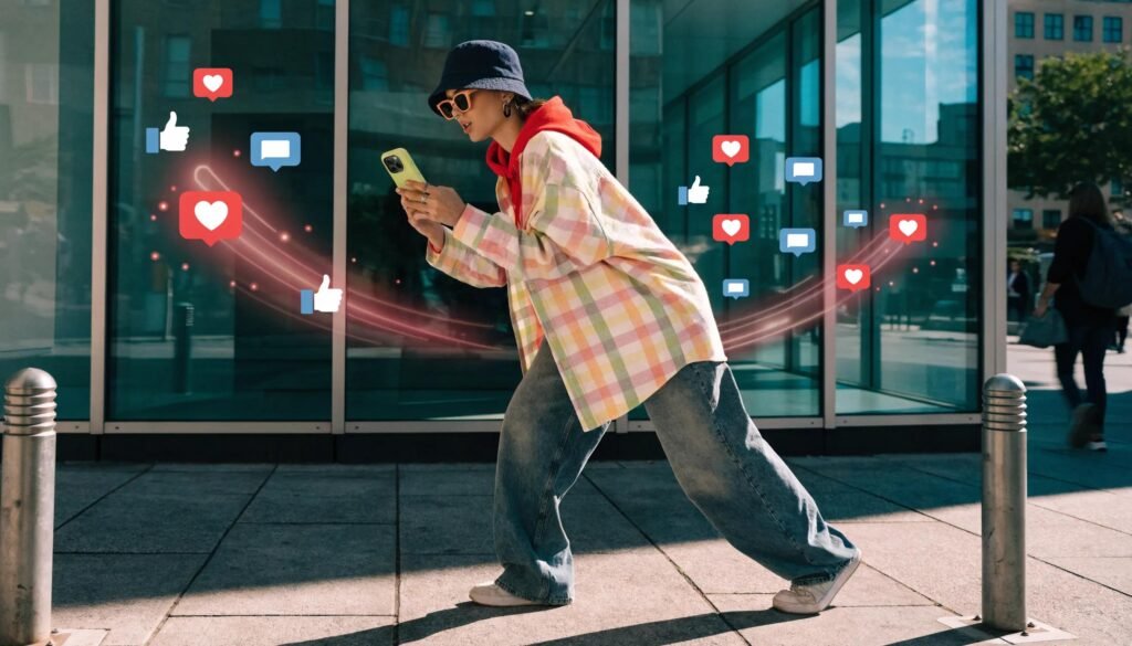 Young woman engaging with social media trends through content creation on her smartphone