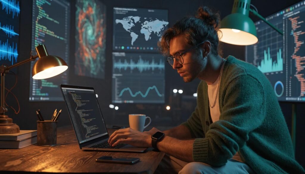 Developer writing Swift code on a laptop in a digital programming environment