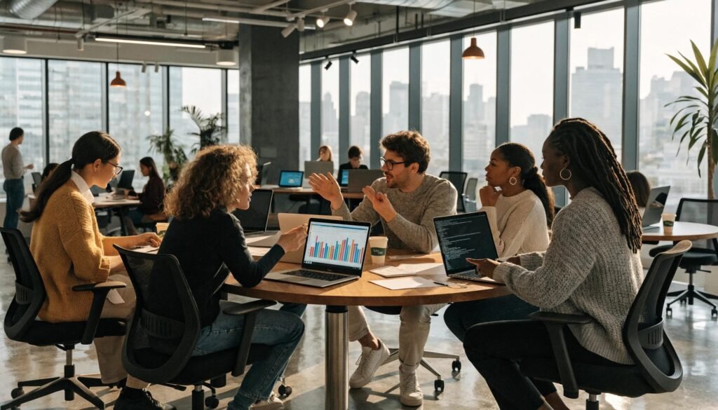 Professionals collaborating in a cloud-based workspace illustrating scalability and innovation