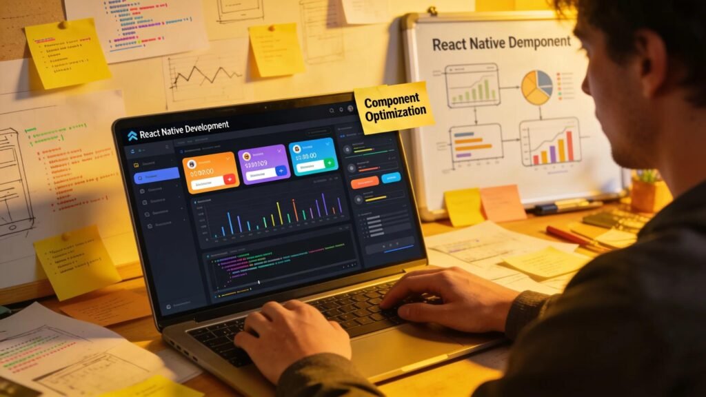 Developer working with React Native framework on a laptop in a creative workspace