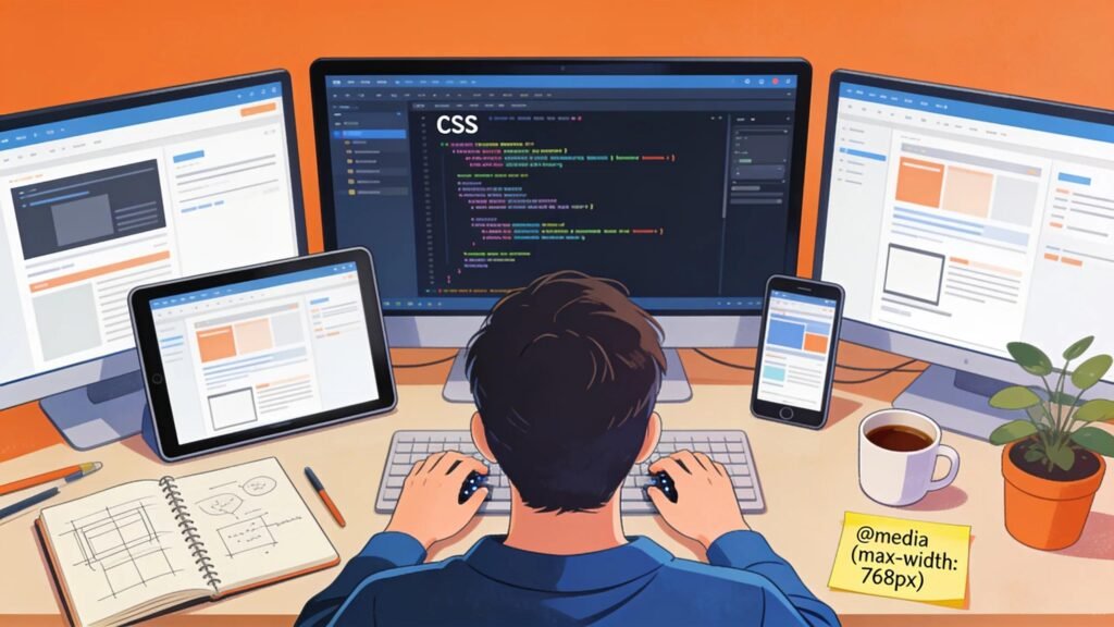 Developer coding CSS media queries for device-specific styling on multiple screens