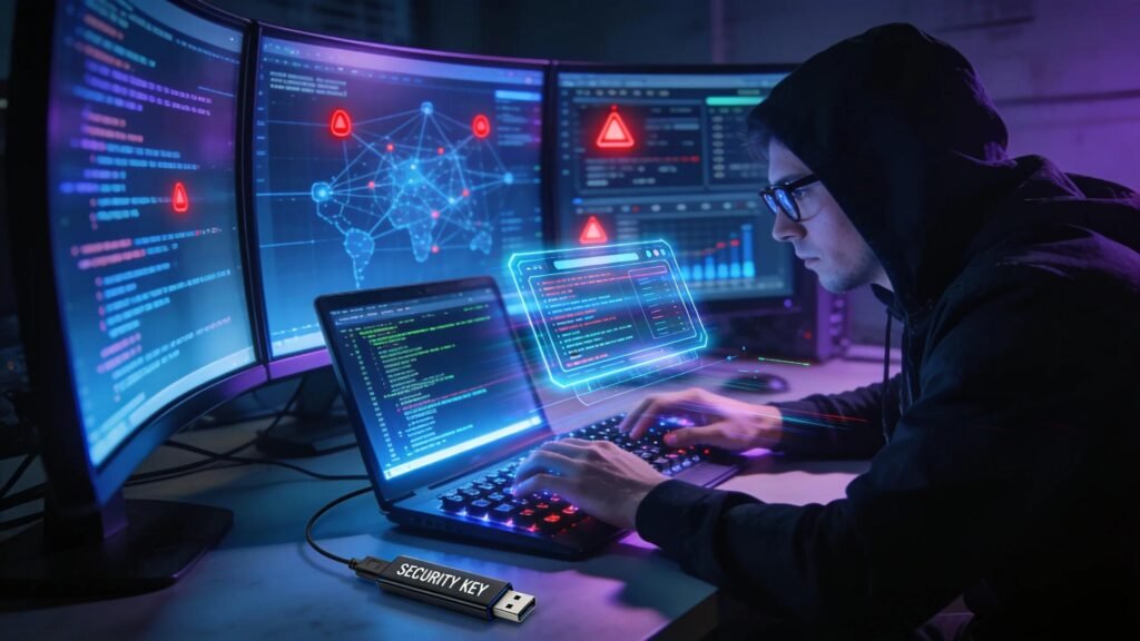 Ethical hacker conducting a network security assessment with multiple screens displaying security codes and testing tools.