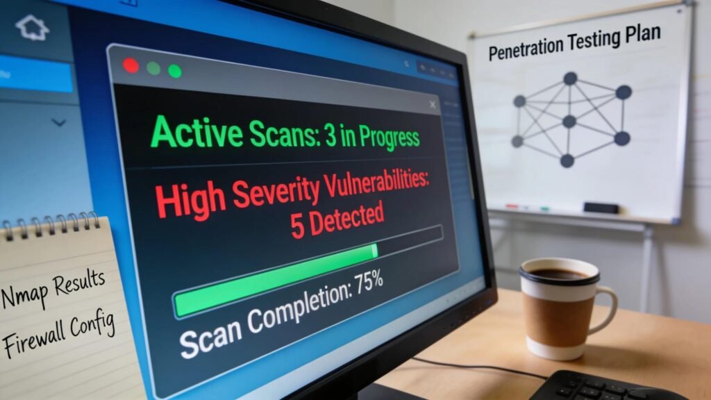 Close-up of a vulnerability scanning tool interface highlighting active scans within a professional workspace.