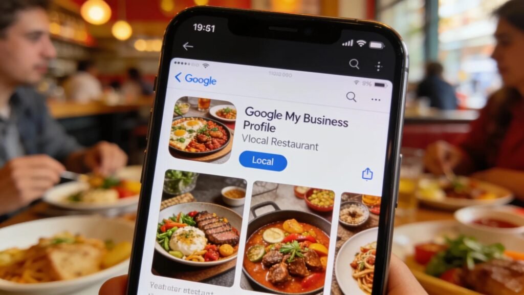 Smartphone showing a Google My Business profile for a restaurant, illustrating effective GMB management and optimization