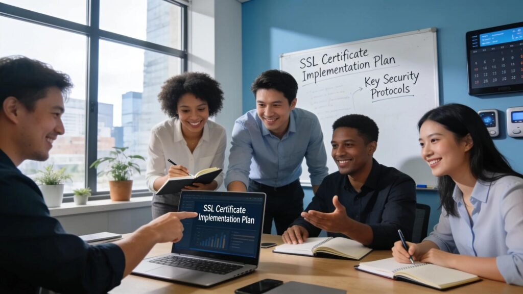 Image of a team discussing SSL certificate implementation in a modern office setting