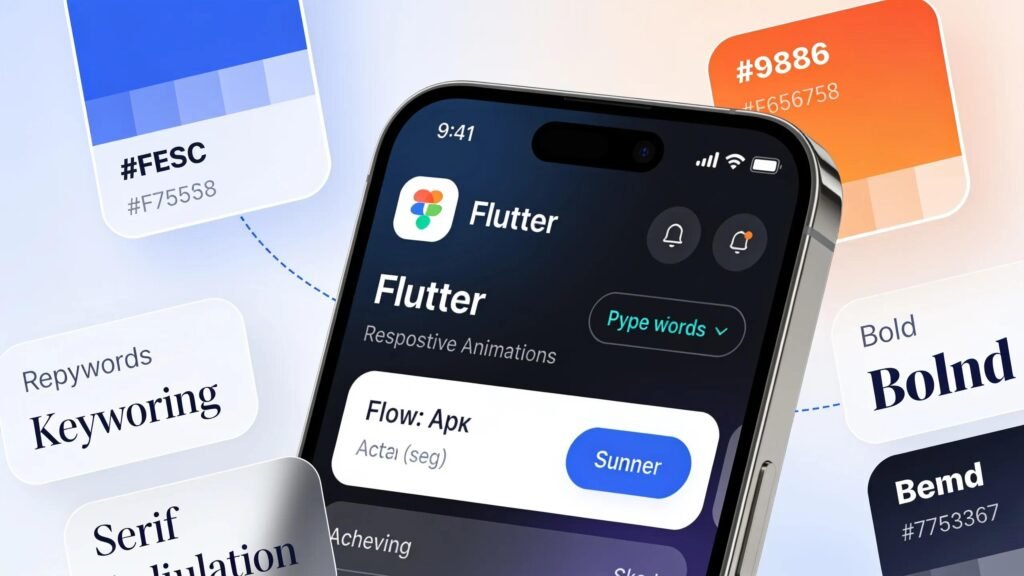 Display of a beautifully designed app interface using Flutter on a mobile device with design elements in the background