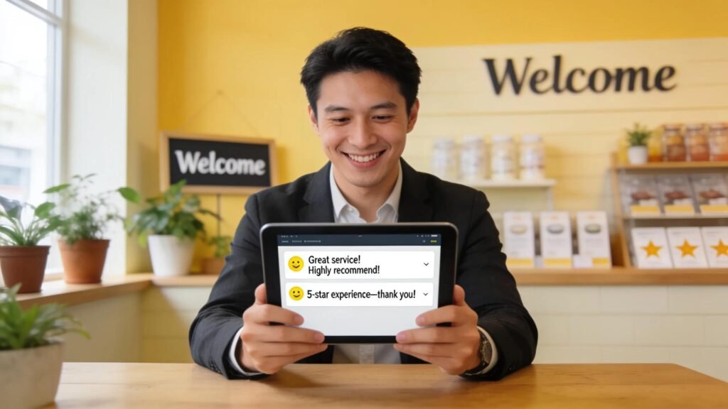 Professional responding to customer reviews on a tablet in a business setting
