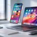 iPhone and MacBook displaying vibrant app graphics in a modern workspace