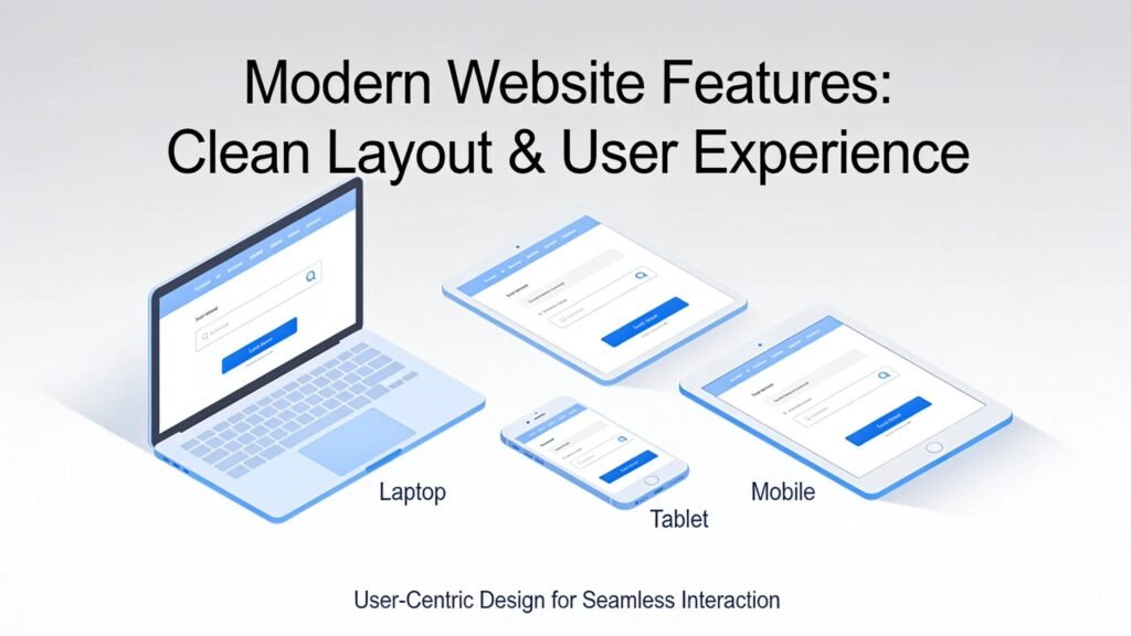 Visual representation of modern web design features enhancing user experience across devices, focusing on intuitive navigation and responsive layouts.