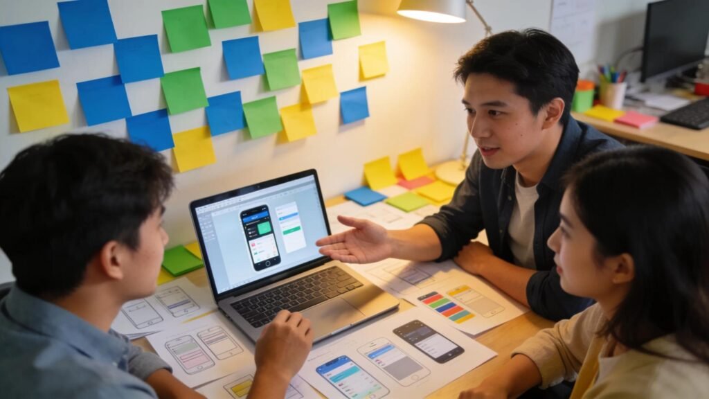 Team brainstorming over a laptop, planning custom iOS app solutions with design sketches