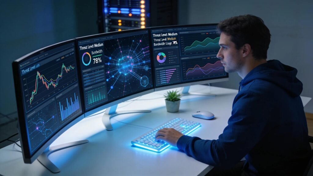 Cyber analyst monitoring network traffic patterns for effective firewall management