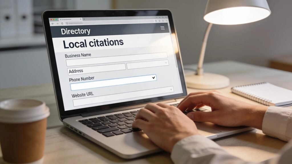 Person entering business information on a laptop for citation building