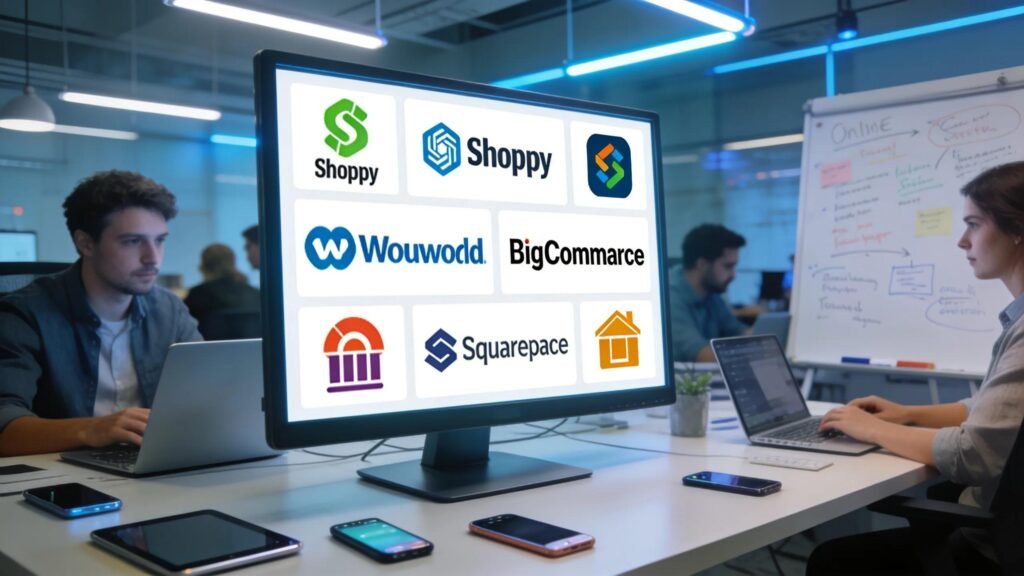 Digital display of e-commerce platform logos in a modern office setting, highlighting choices for online store development