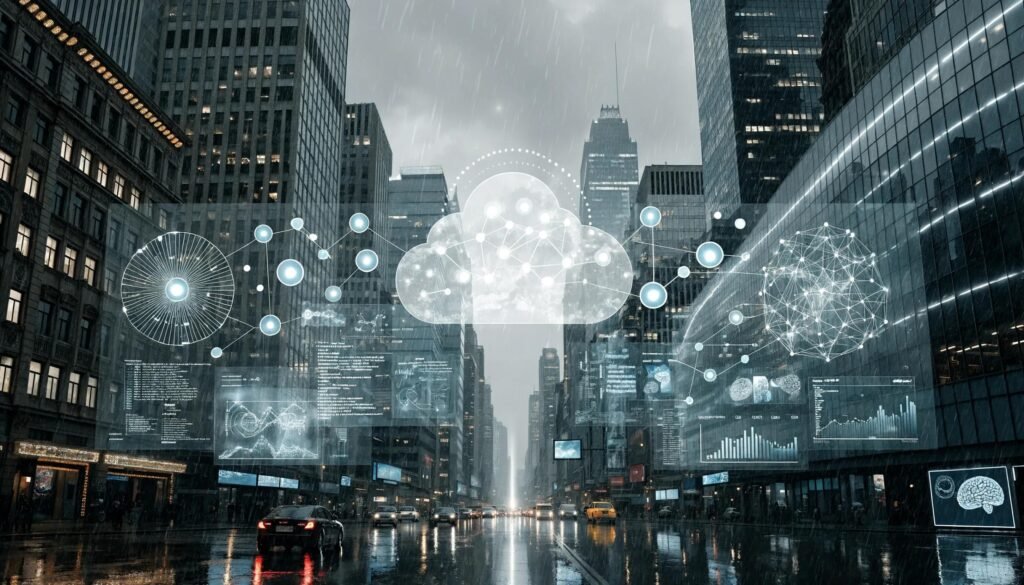 Visual representation of cloud computing, AI, and data analytics driving digital transformation in SMEs
