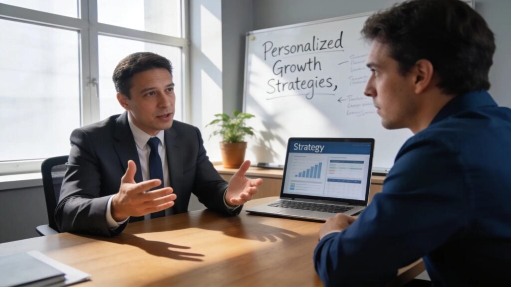Consultant engaging with a client to discuss personalized business strategy solutions for digital marketing
