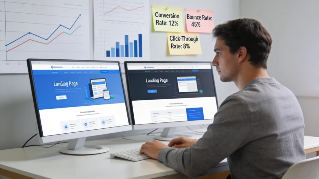 Person conducting A/B testing on landing pages to improve performance metrics and user engagement