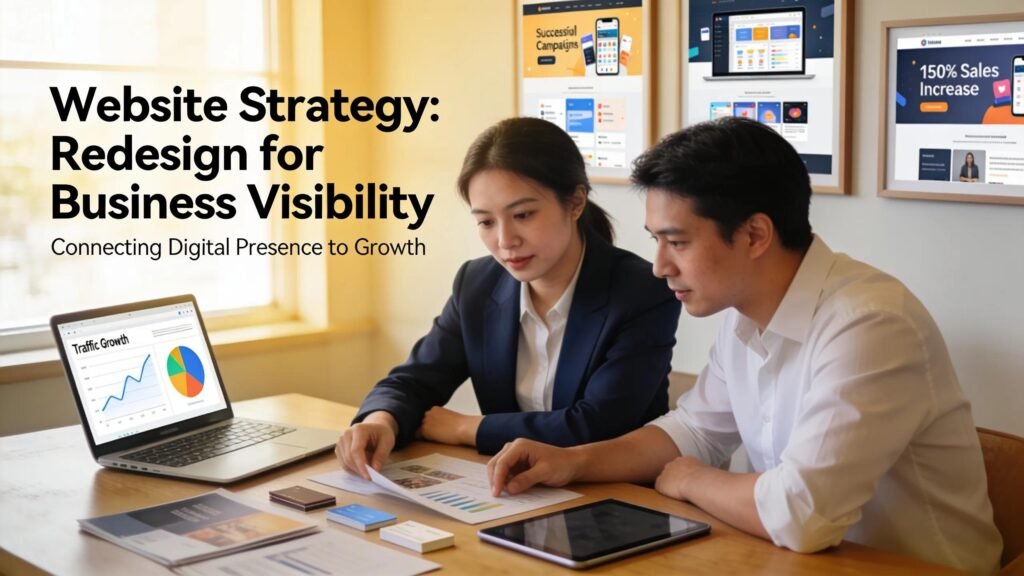 Small business owner consulting on website redesign, illustrating the connection between effective strategies and improved online visibility and lead generation.