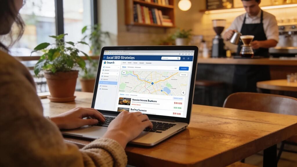 Person researching local SEO strategies in a cozy cafe setting, emphasizing personalized engagement in local markets