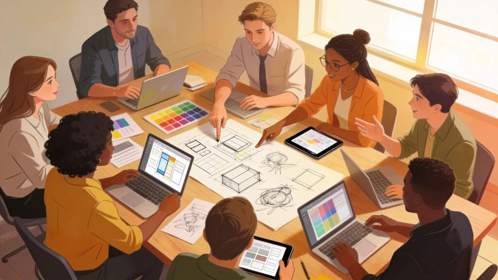 Collaboration of professionals in a design meeting with sketches and digital designs